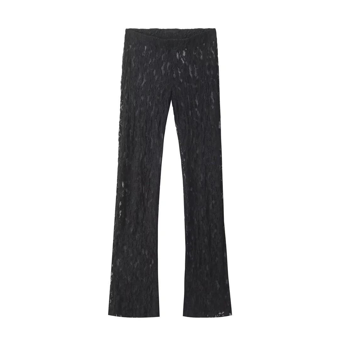 2-teiliges Damen-Set: Spitzen-Oberteil & Hose – Black Cut-Out Suit